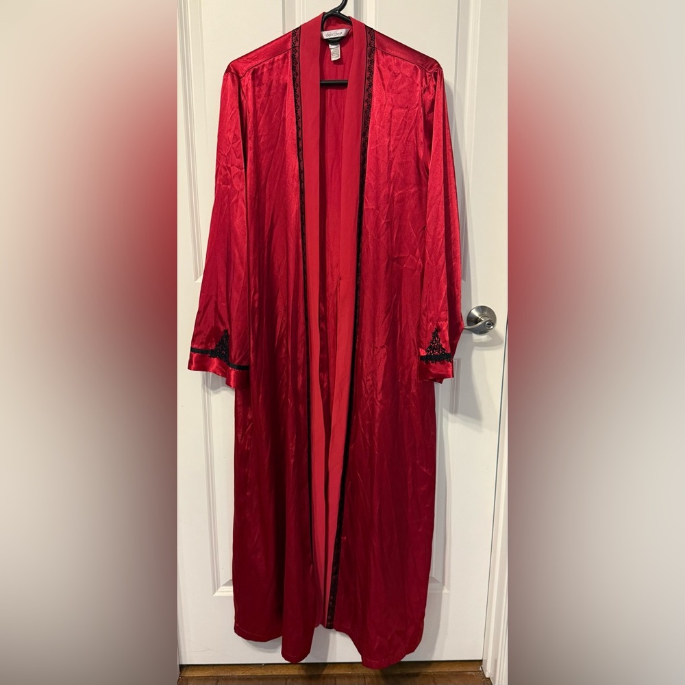 Delicates Red Satin Long Robe with Black Trim